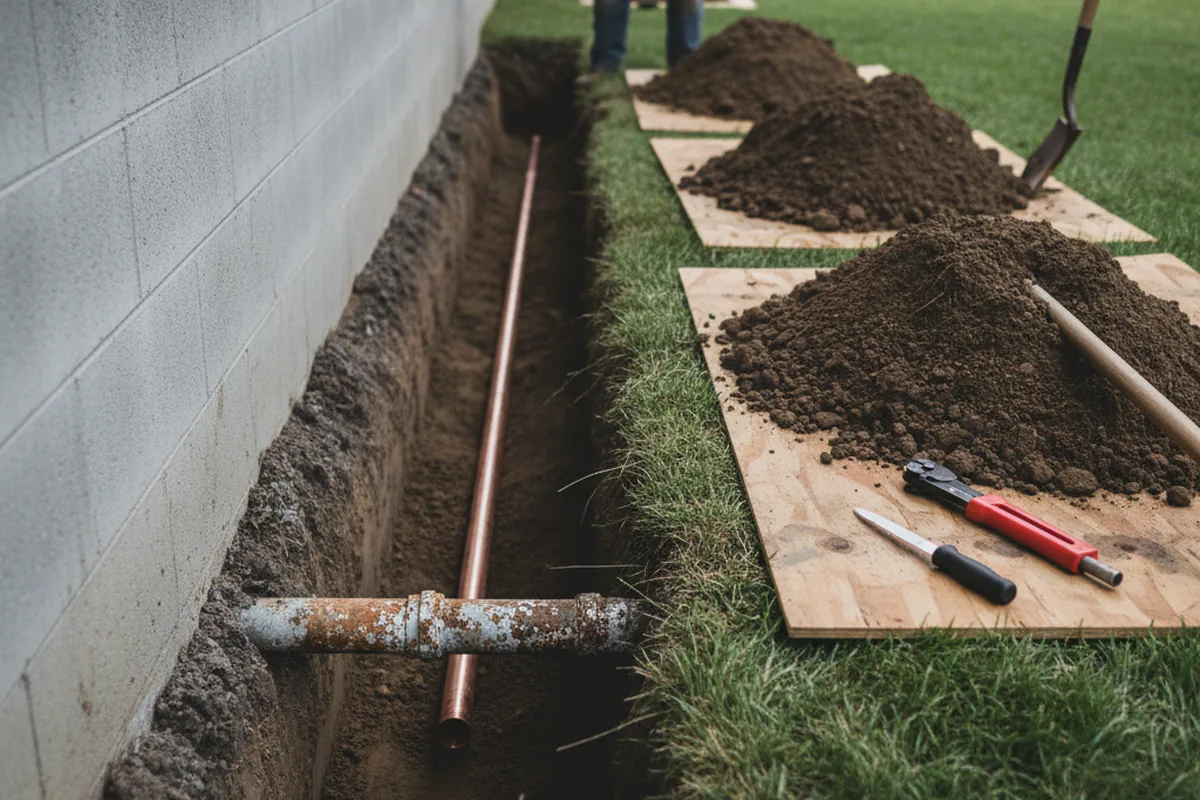 Excavated water line trench during Water Softener Installation in Avalon